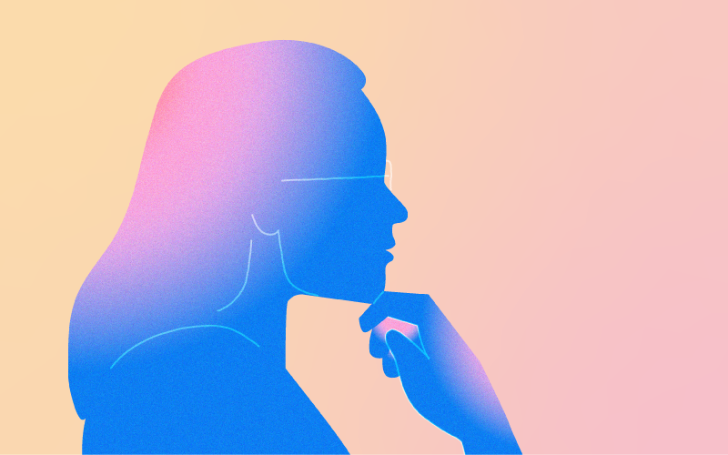Blue silhouette of a person with glasses resting their chin on their hand, set against a soft peach and pink gradient background.