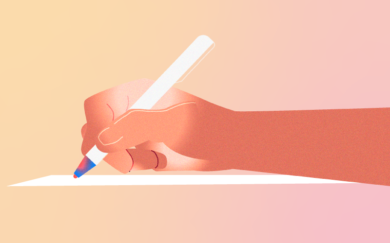 Illustration of a hand holding a pen and writing on a white sheet of paper with a gradient peach-pink background.