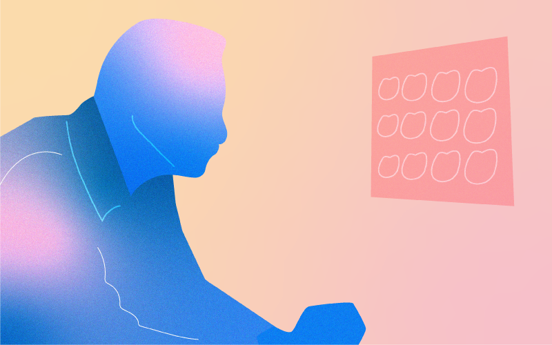 Abstract blue and pink gradient silhouette of a person looking at a wall with a grid of twelve circles drawn on it.