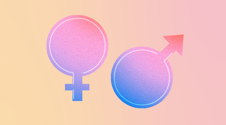 Pink and blue gradient icons of female and male gender symbols on a soft peach and pink background.
