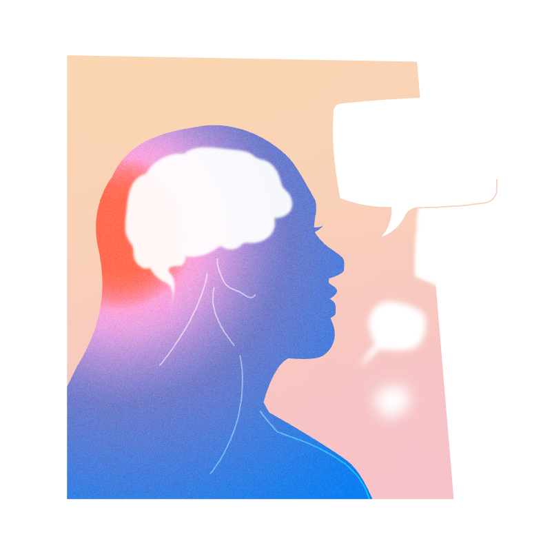Silhouette of a woman's head with a brain illustration and empty speech bubbles indicating cognitive or speech-related thoughts.
