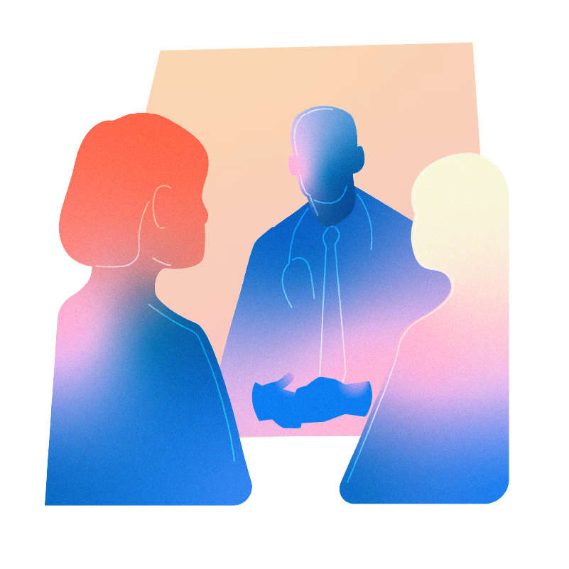 Illustration of a doctor with a stethoscope talking to two people, one with red hair and one with blonde hair.